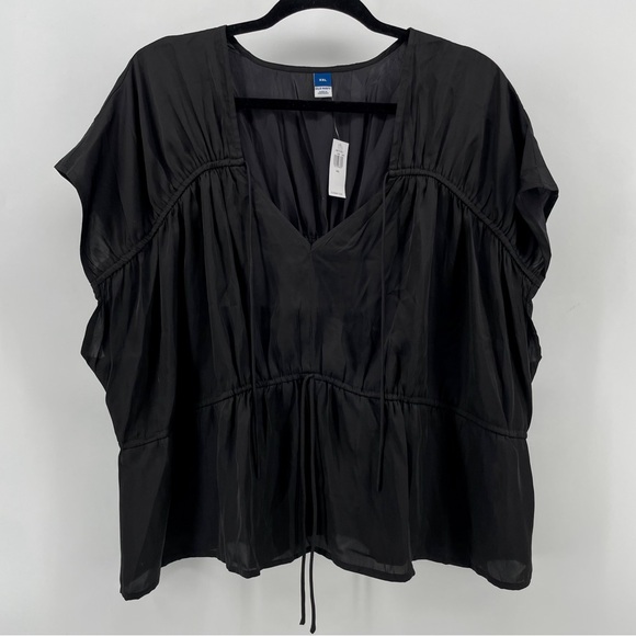 NEW Old Navy Waist Defined Satin Shirred Tie-Front Blouse Black V-Neck XXL - Picture 3 of 9
